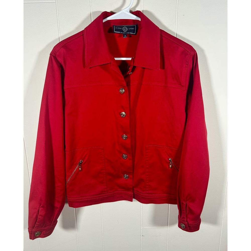 Vintage St. John Sport Marie Gray Red Cotton Blend Button Jacket Gold Buttons S